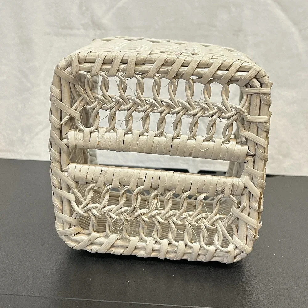 Vintage White Wicker Tissue Box Holder Cover Vanity Waste Basket Cottage Country